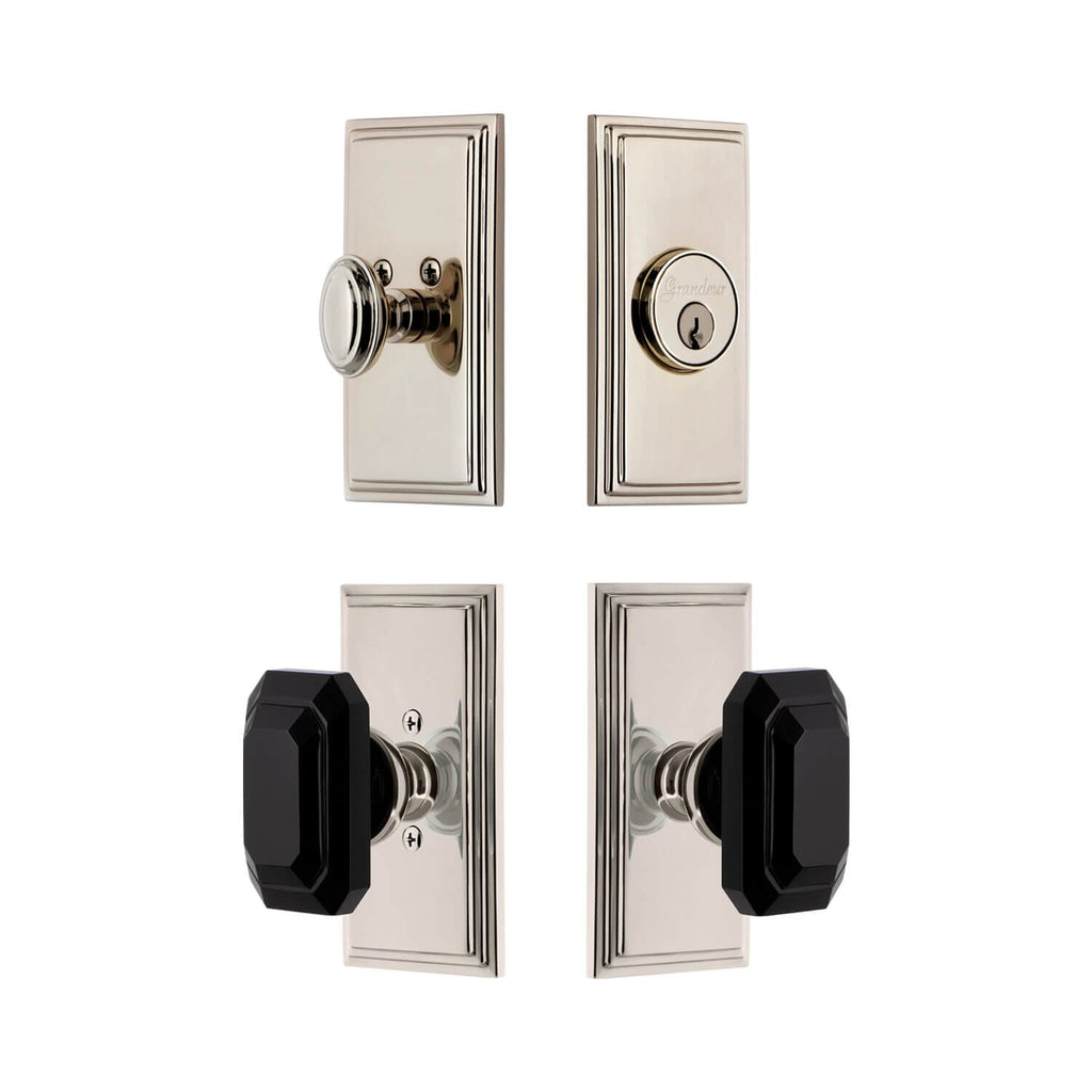 Carre Short Plate Entry Set with Baguette Black Crystal Knob in Polished Nickel