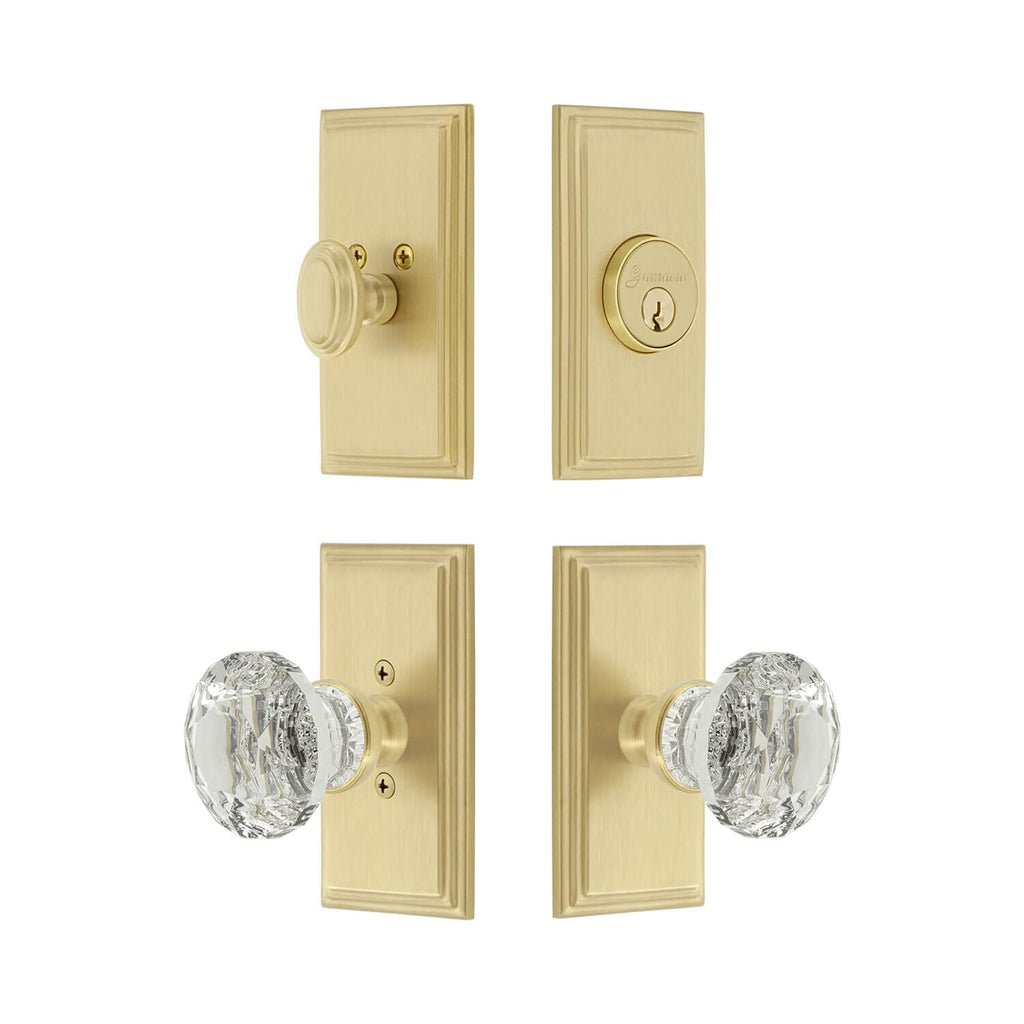 Carre Short Plate Entry Set with Brilliant Crystal Knob in Satin Brass