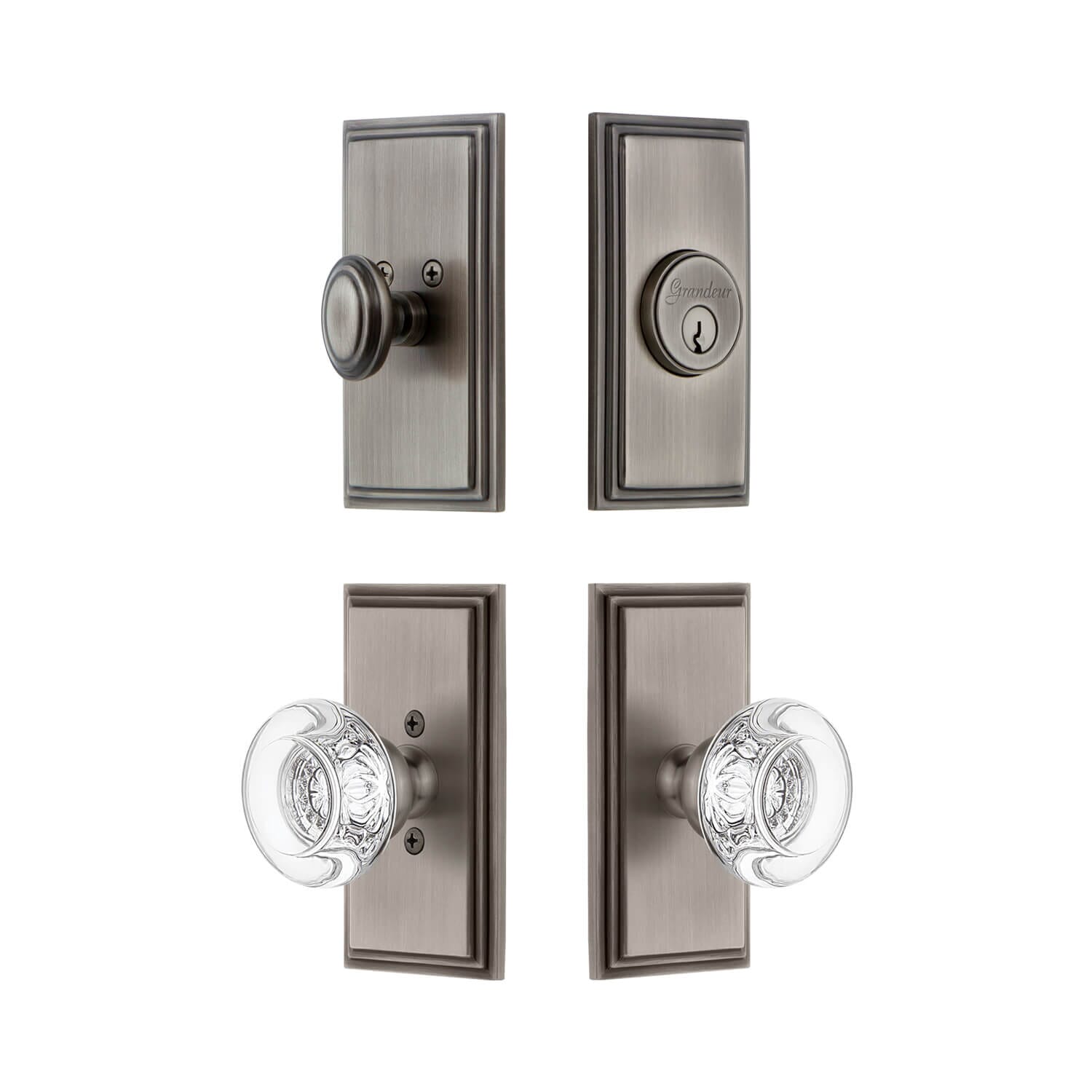 Carre Short Plate Entry Set with Bordeaux Crystal Knob in Satin Brass -  Grandeur Hardware