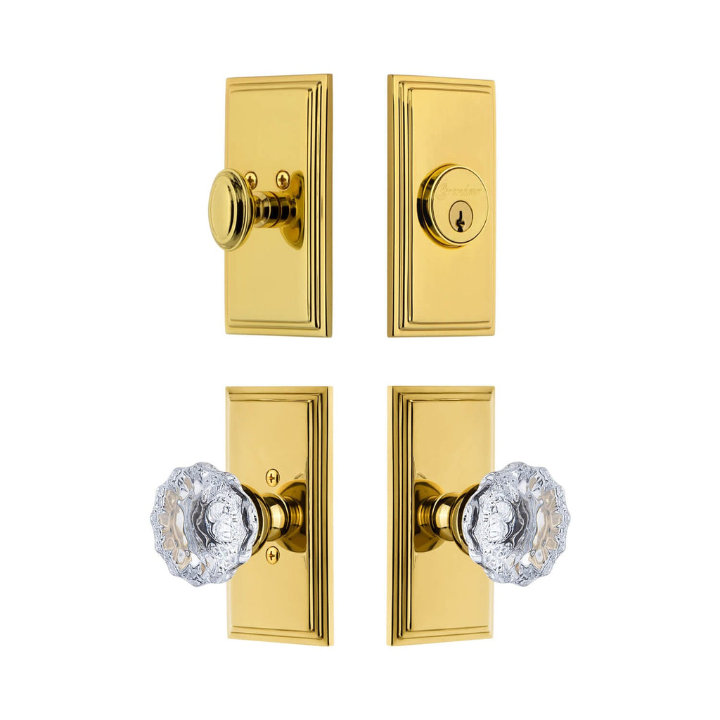 Carre Short Plate Entry Set with Fontainebleau Crystal Knob in Lifetime Brass