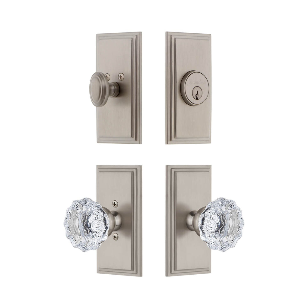 Carre Short Plate Entry Set with Fontainebleau Crystal Knob in Satin Nickel