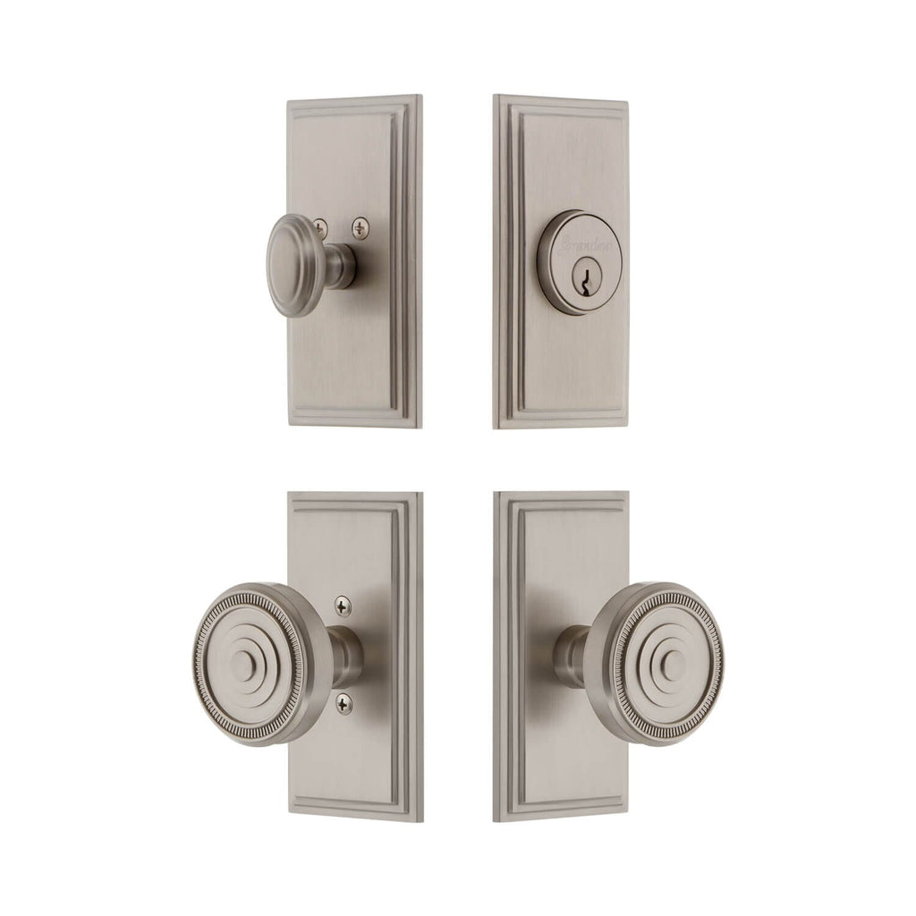 Carre Short Plate Entry Set with Soleil Knob in Satin Nickel