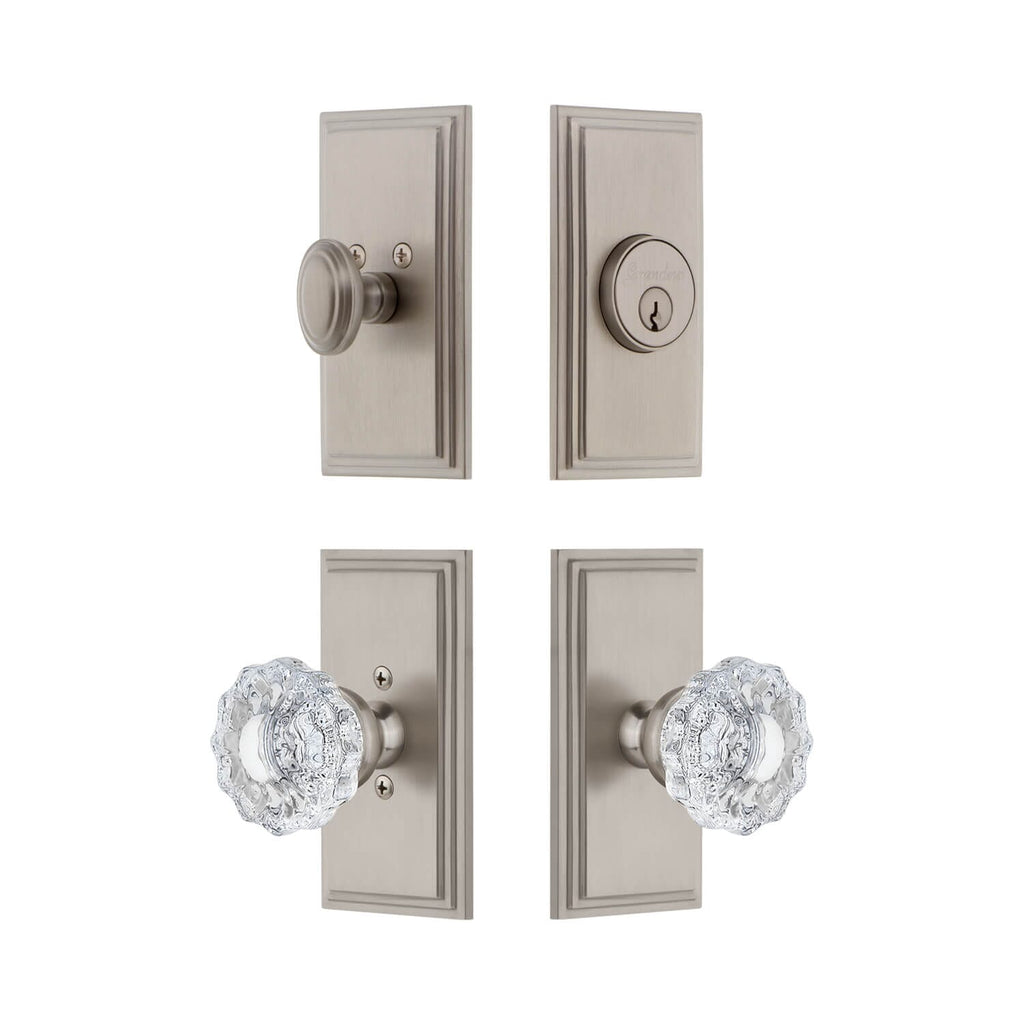 Carre Short Plate Entry Set with Versailles Crystal Knob in Satin Nickel