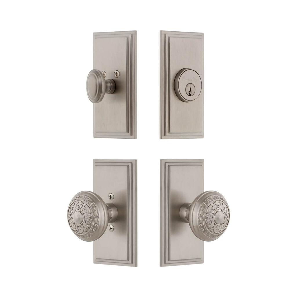 Carre Short Plate Entry Set with Windsor Knob in Satin Nickel