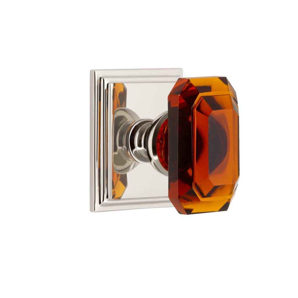 Carré Square Rosette with Baguette Amber Crystal Knob in Polished Nickel