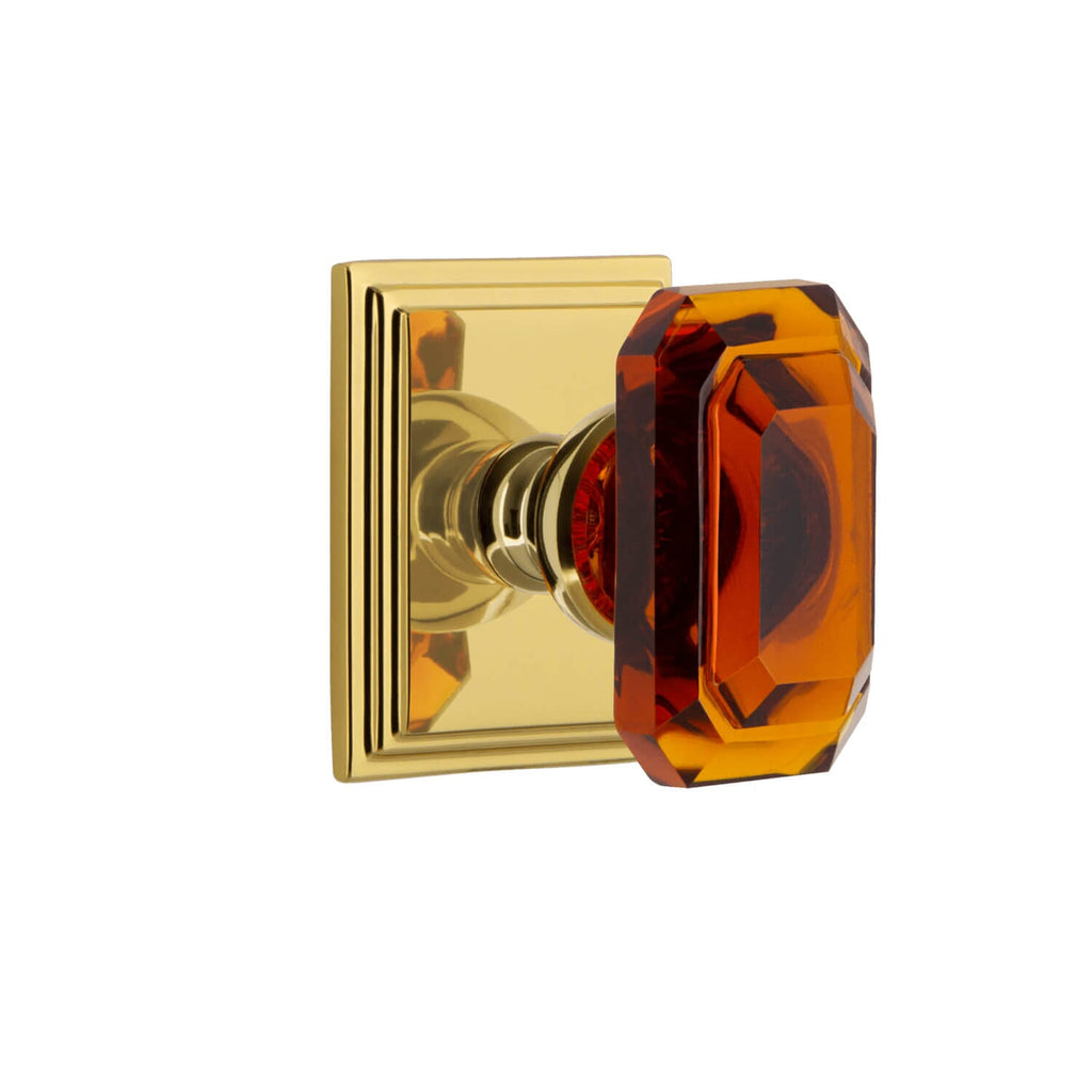 Carré Square Rosette with Baguette Amber Crystal Knob in Lifetime Brass