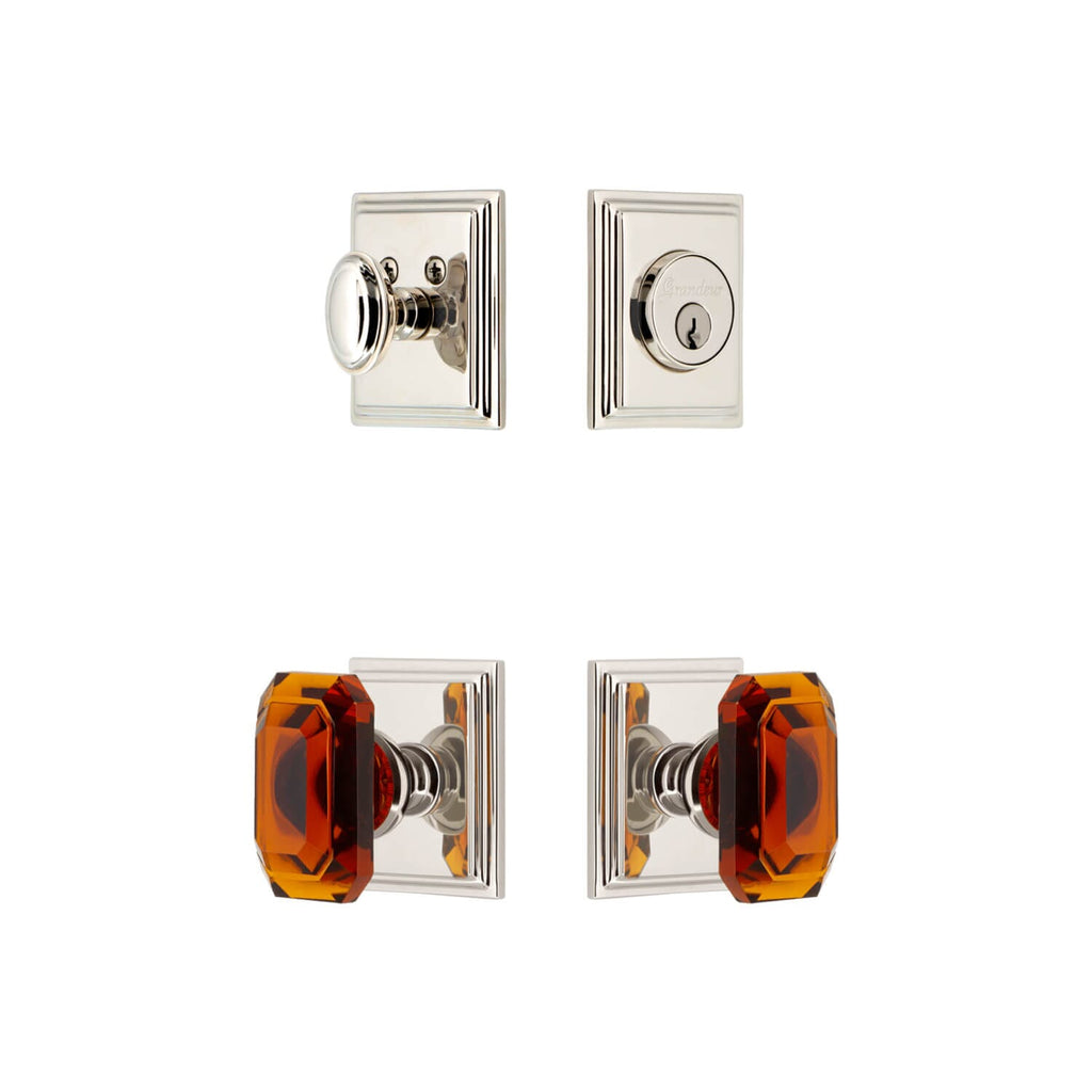 Carre Square Rosette Entry Set with Baguette Amber Crystal Knob in Polished Nickel