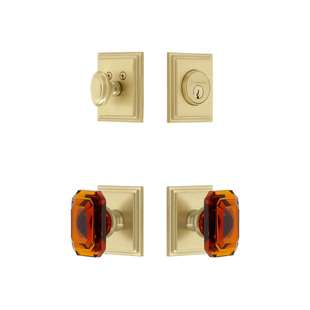 Carre Square Rosette Entry Set with Baguette Amber Crystal Knob in Satin Brass