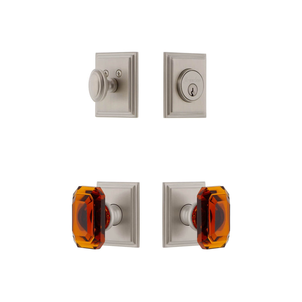 Carre Square Rosette Entry Set with Baguette Amber Crystal Knob in Satin Nickel