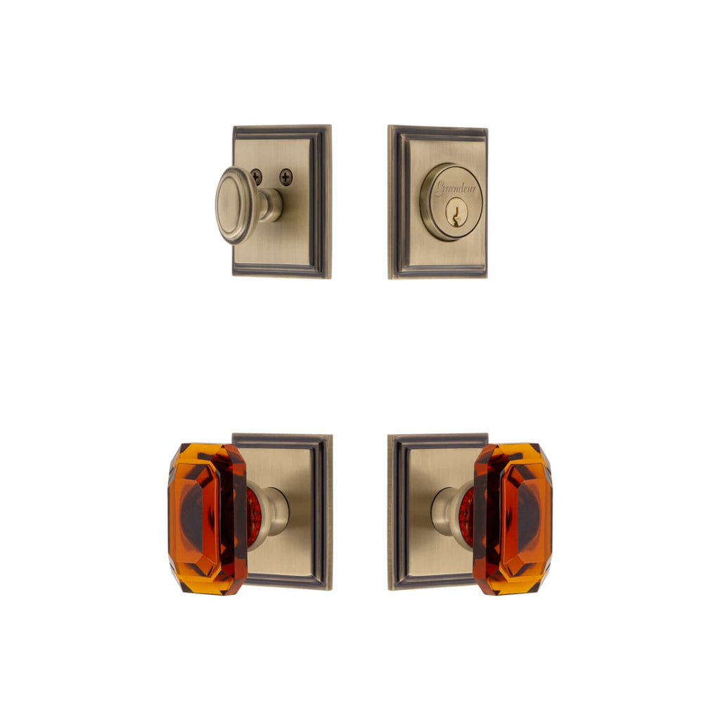 Carre Square Rosette Entry Set with Baguette Amber Crystal Knob in Vintage Brass