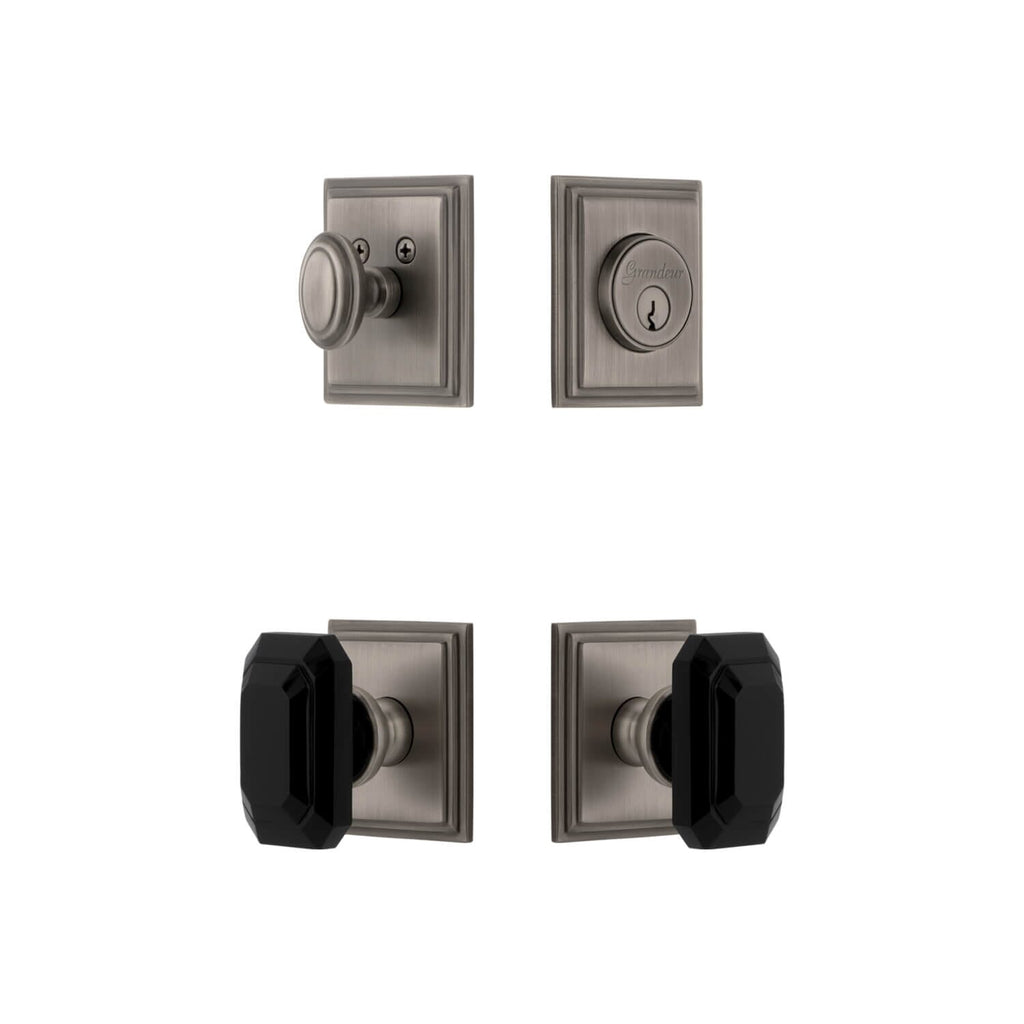 Carre Square Rosette Entry Set with Baguette Black Crystal Knob in Antique Pewter