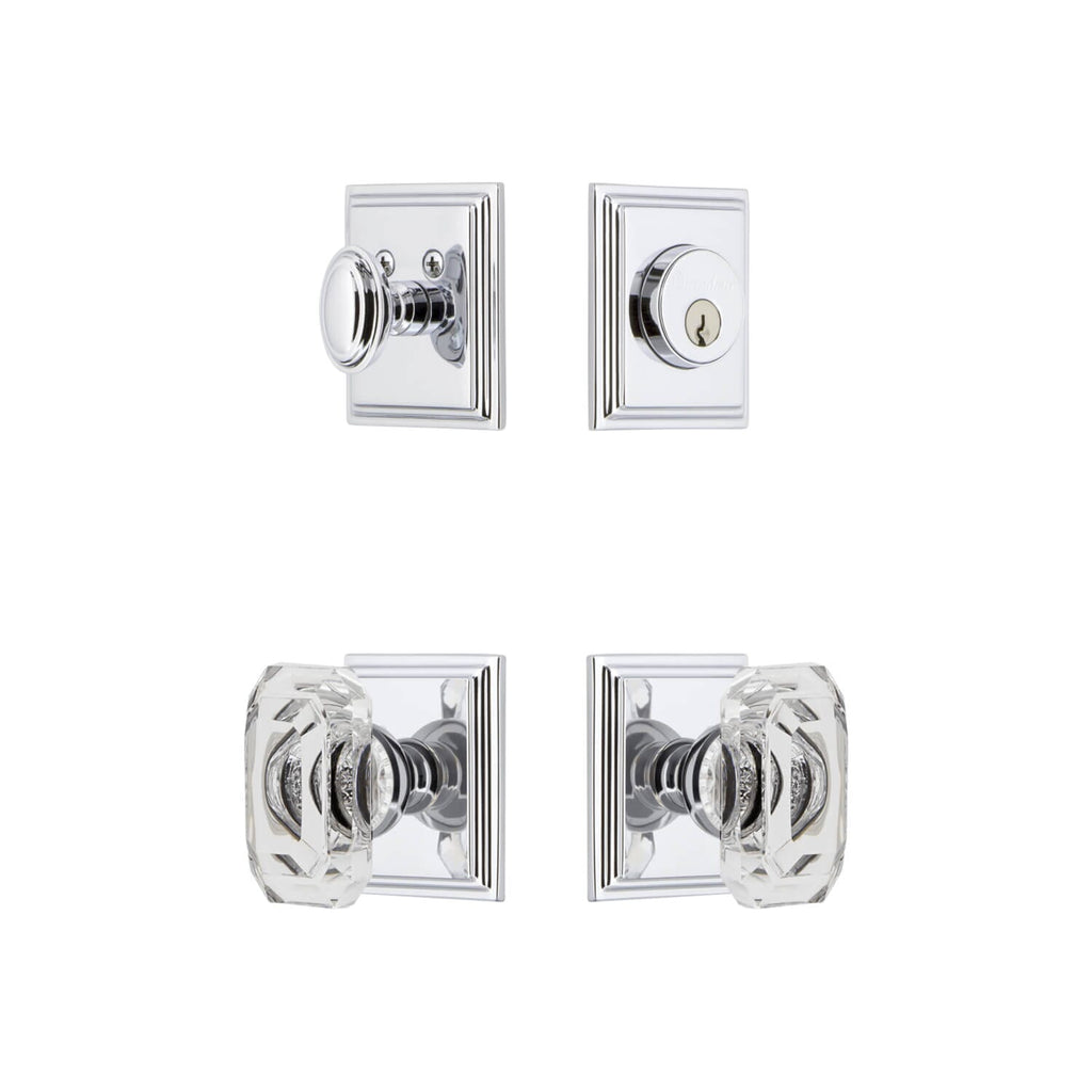 Carre Square Rosette Entry Set with Baguette Clear Crystal Knob in Bright Chrome