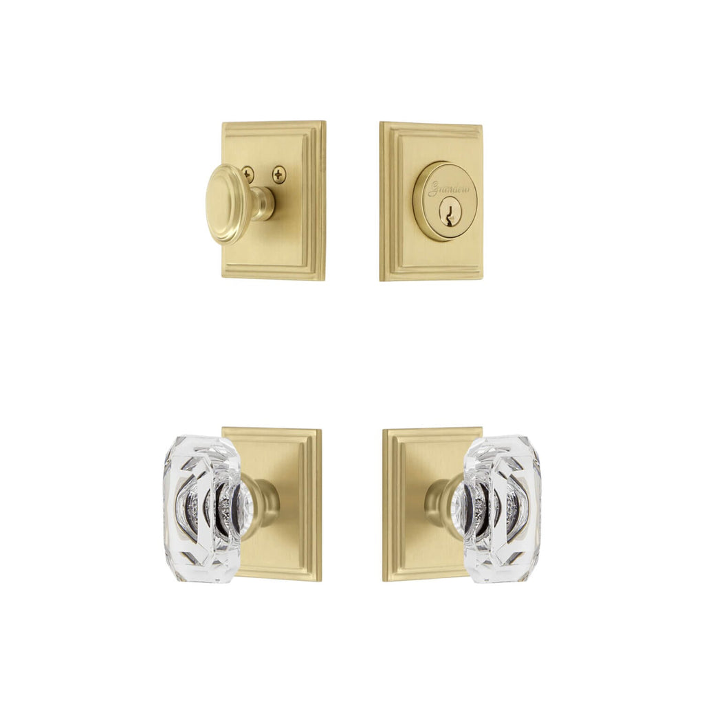 Carre Square Rosette Entry Set with Baguette Clear Crystal Knob in Satin Brass