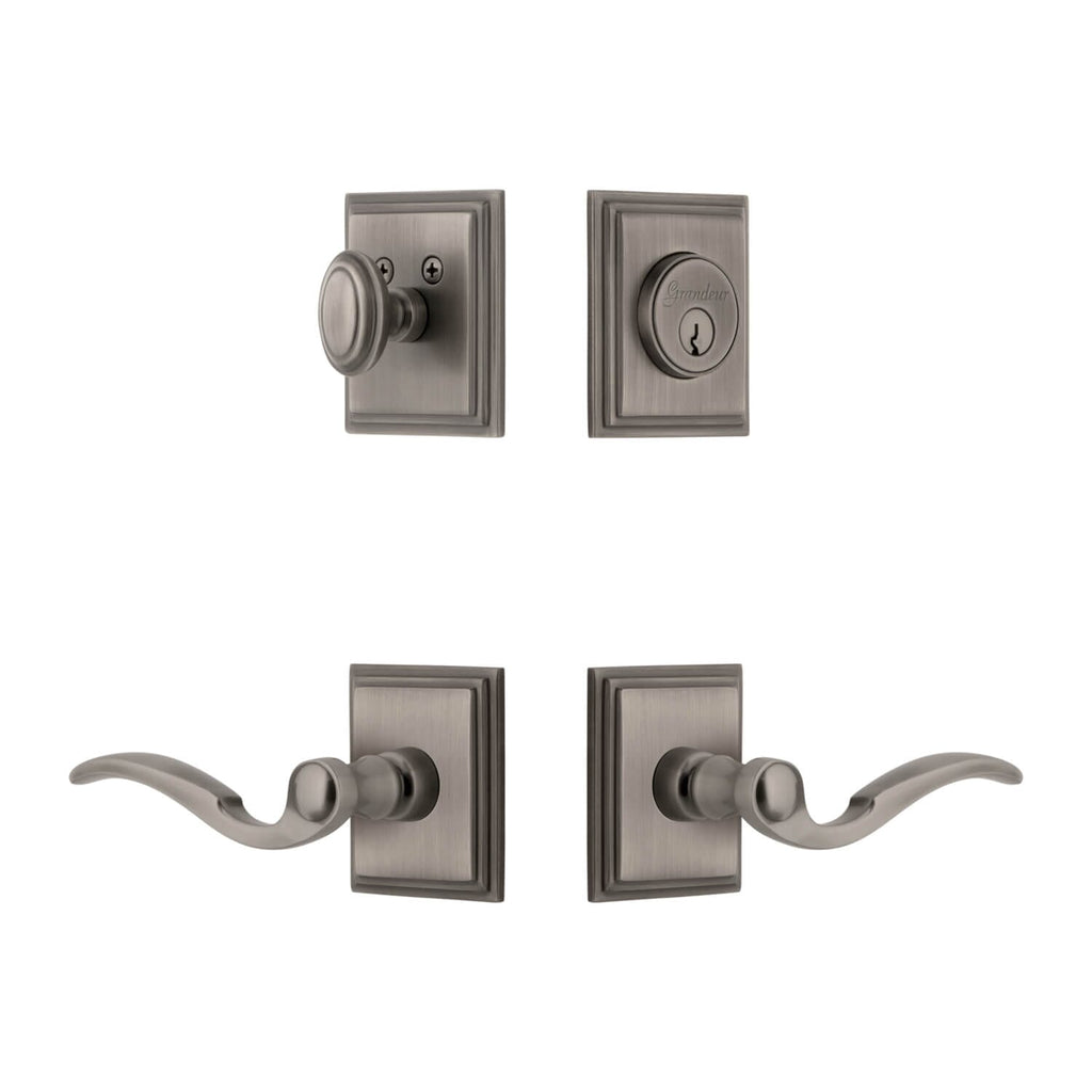 Carre Square Rosette Entry Set with Bellagio Lever in Antique Pewter