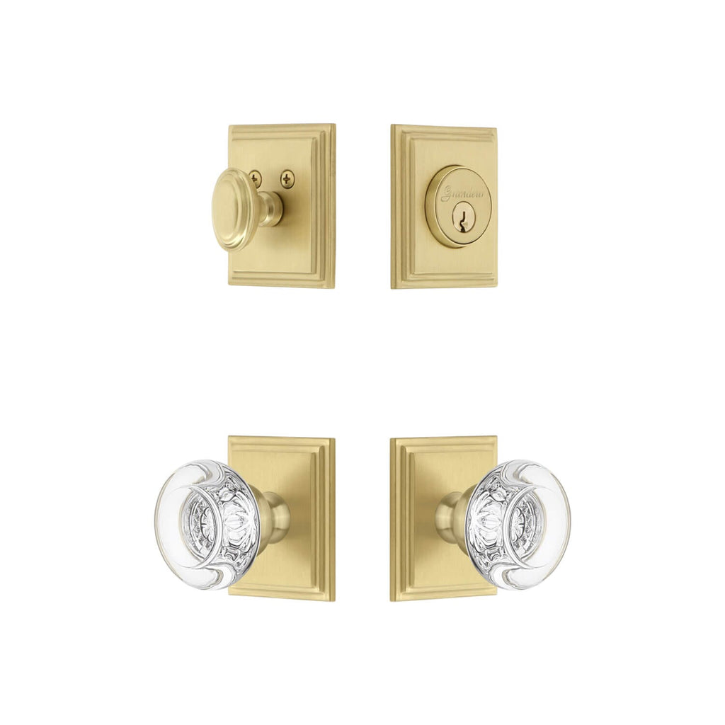 Carre Square Rosette Entry Set with Bordeaux Crystal Knob in Satin Brass