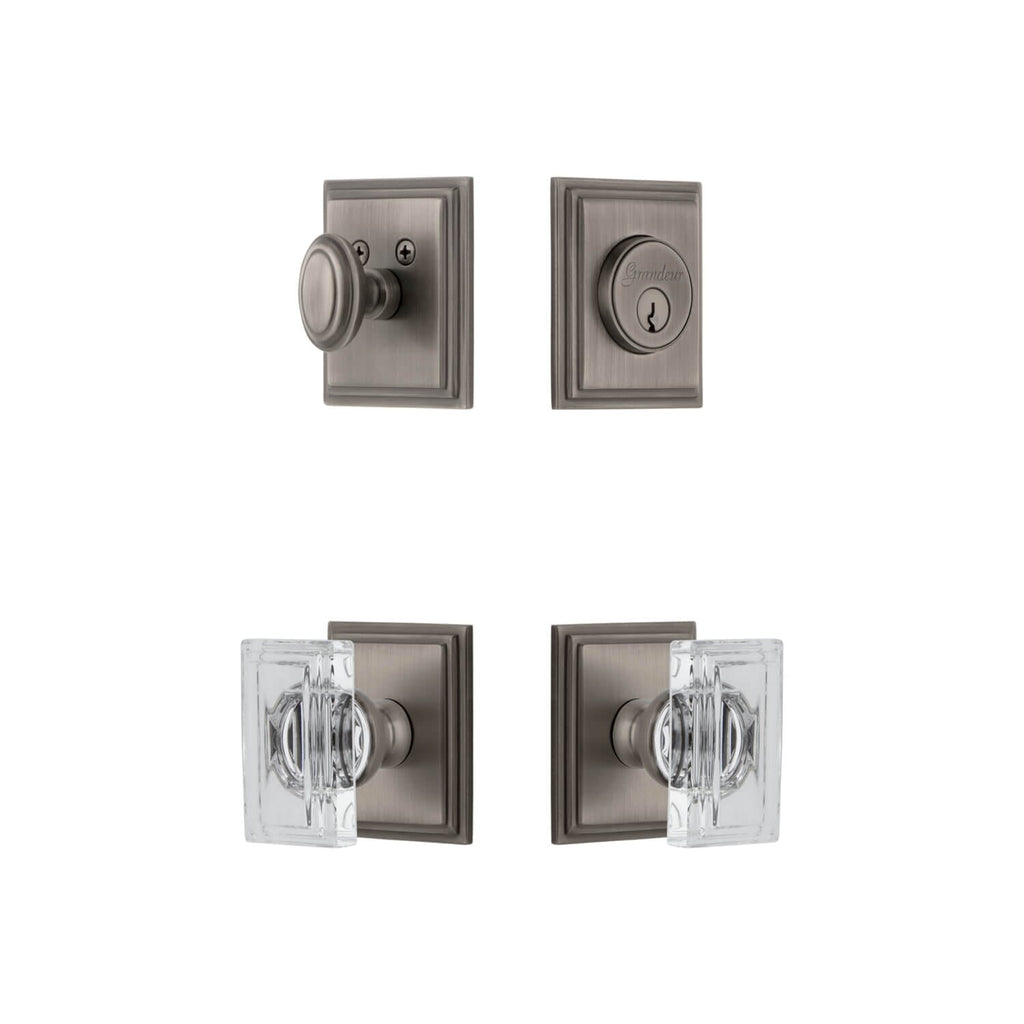 Carre Square Rosette Entry Set with Carre Crystal Knob in Antique Pewter