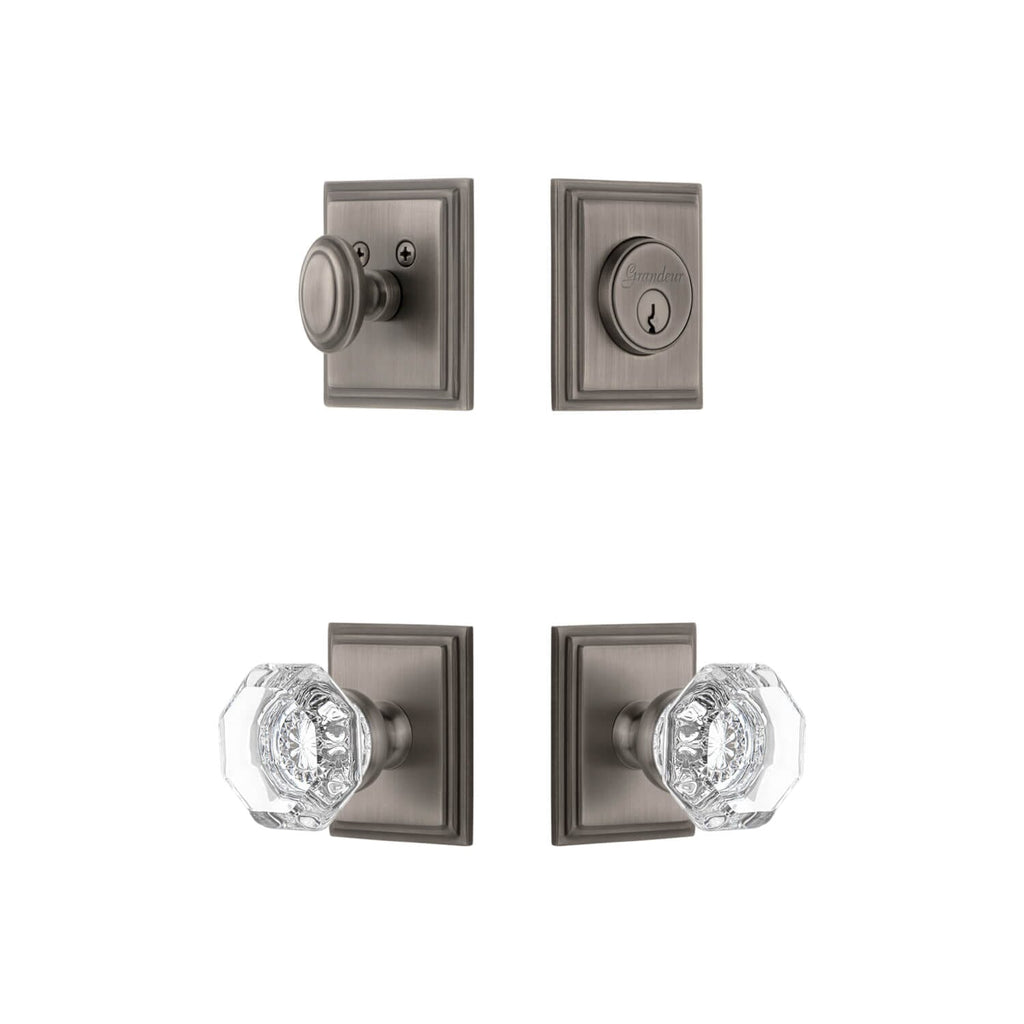 Carre Square Rosette Entry Set with Chambord Crystal Knob in Antique Pewter