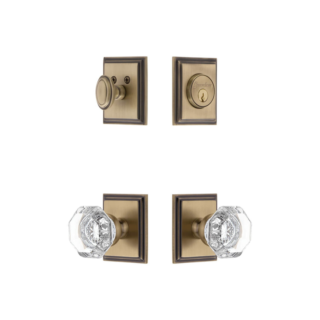 Carre Square Rosette Entry Set with Chambord Crystal Knob in Vintage Brass