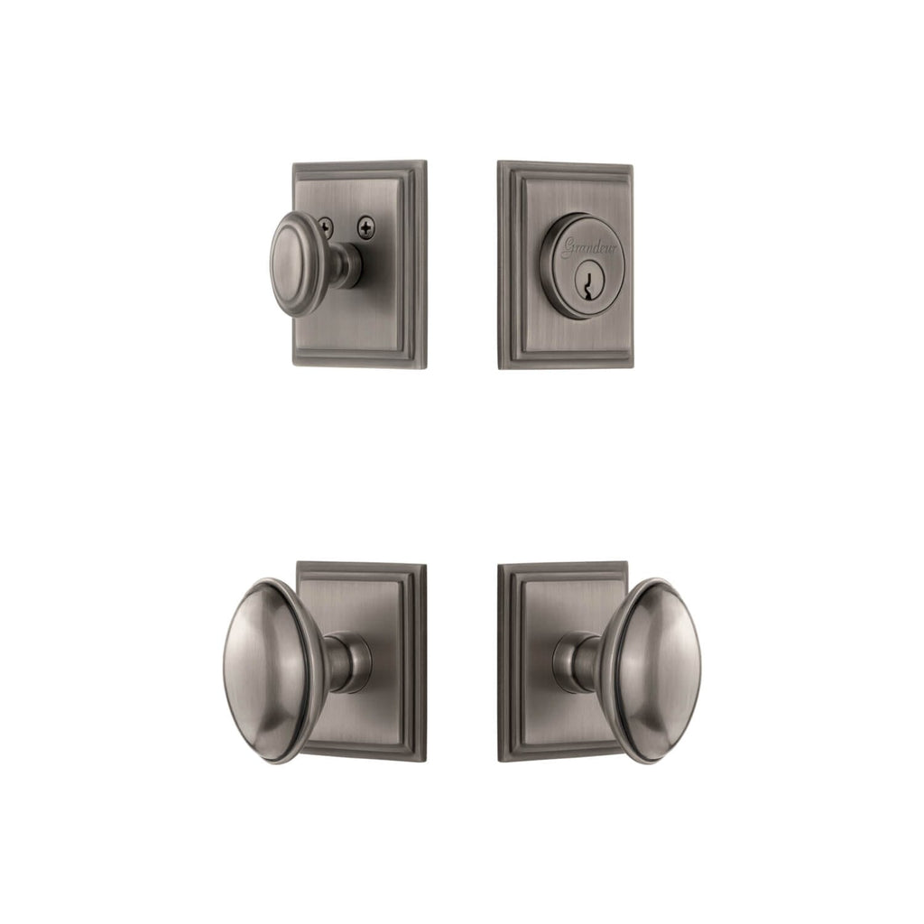 Carre Square Rosette Entry Set with Eden Prairie Knob in Antique Pewter