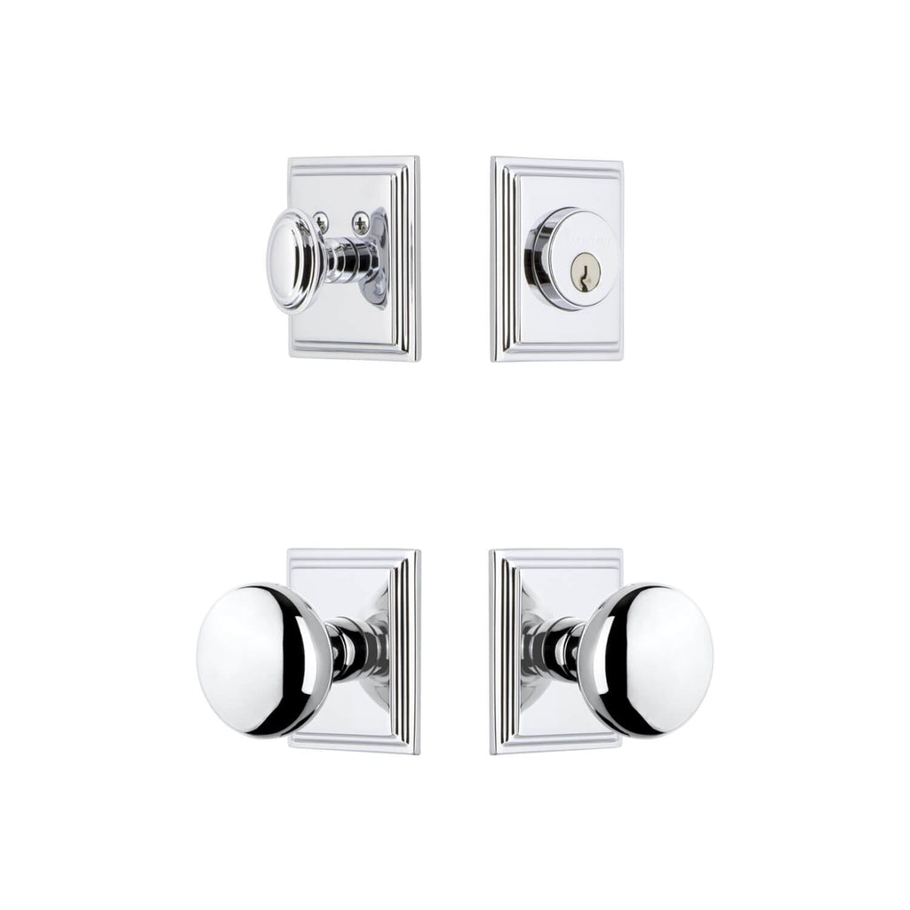 Carre Square Rosette Entry Set with Fifth Avenue Knob in Bright Chrome