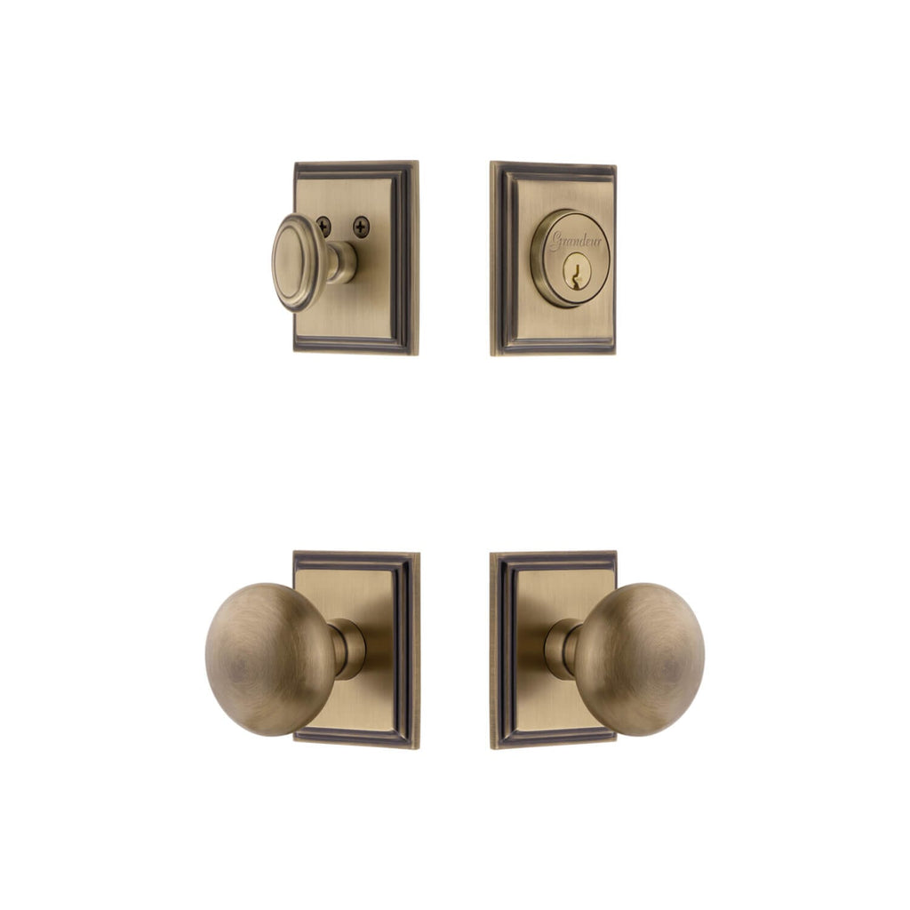 Carre Square Rosette Entry Set with Fifth Avenue Knob in Vintage Brass