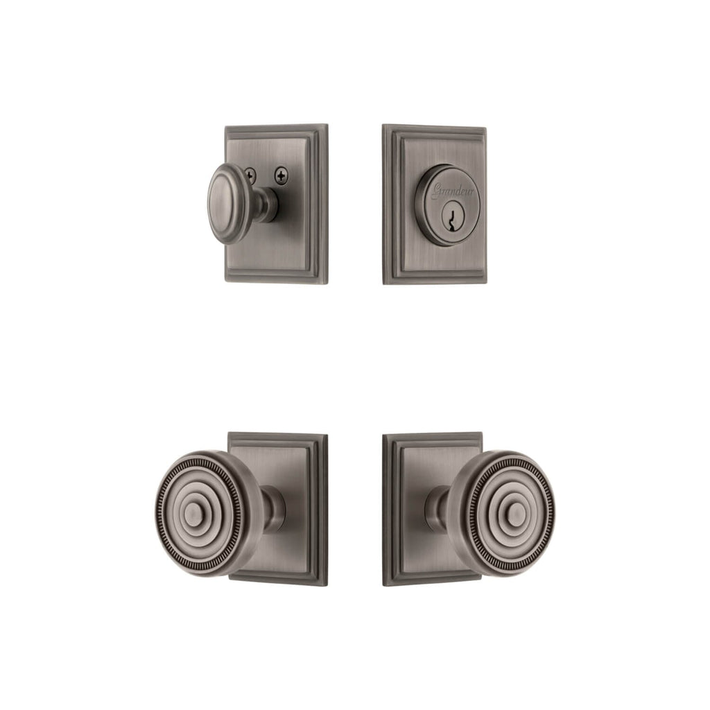 Carre Square Rosette Entry Set with Soleil Knob in Antique Pewter