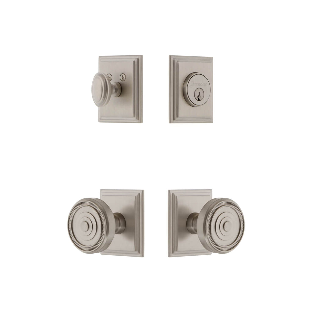Carre Square Rosette Entry Set with Soleil Knob in Satin Nickel