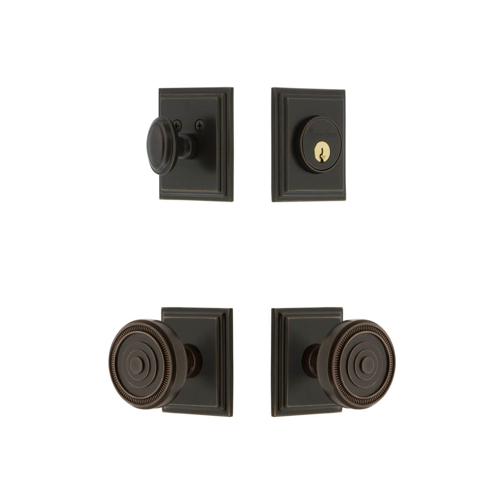 Carre Square Rosette Entry Set with Soleil Knob in Timeless Bronze
