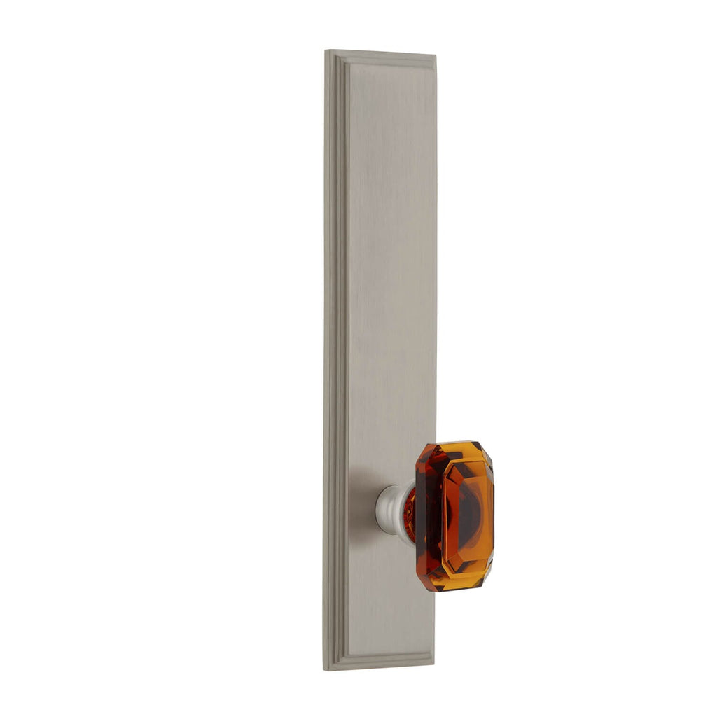 Carré Tall Plate with Baguette Amber Crystal Knob in Satin Nickel