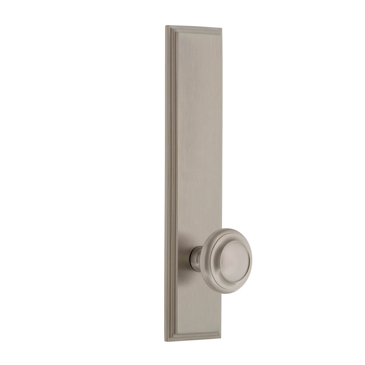 Carré Tall Plate with Circulaire Knob in Satin Nickel - Grandeur Hardware