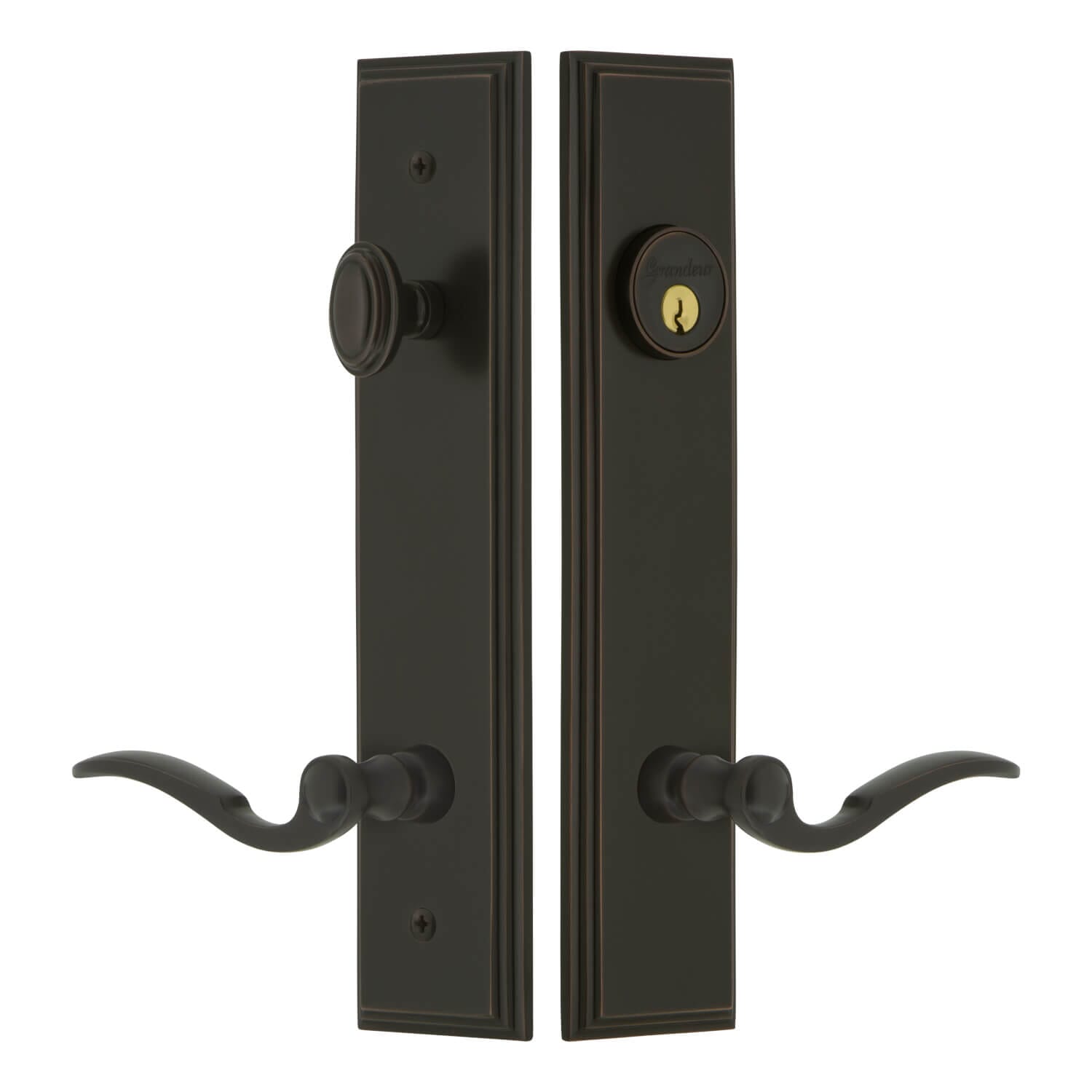 Carré Tall Plate Complete Entry Set with Carré Knob in Satin Brass -  Grandeur Hardware