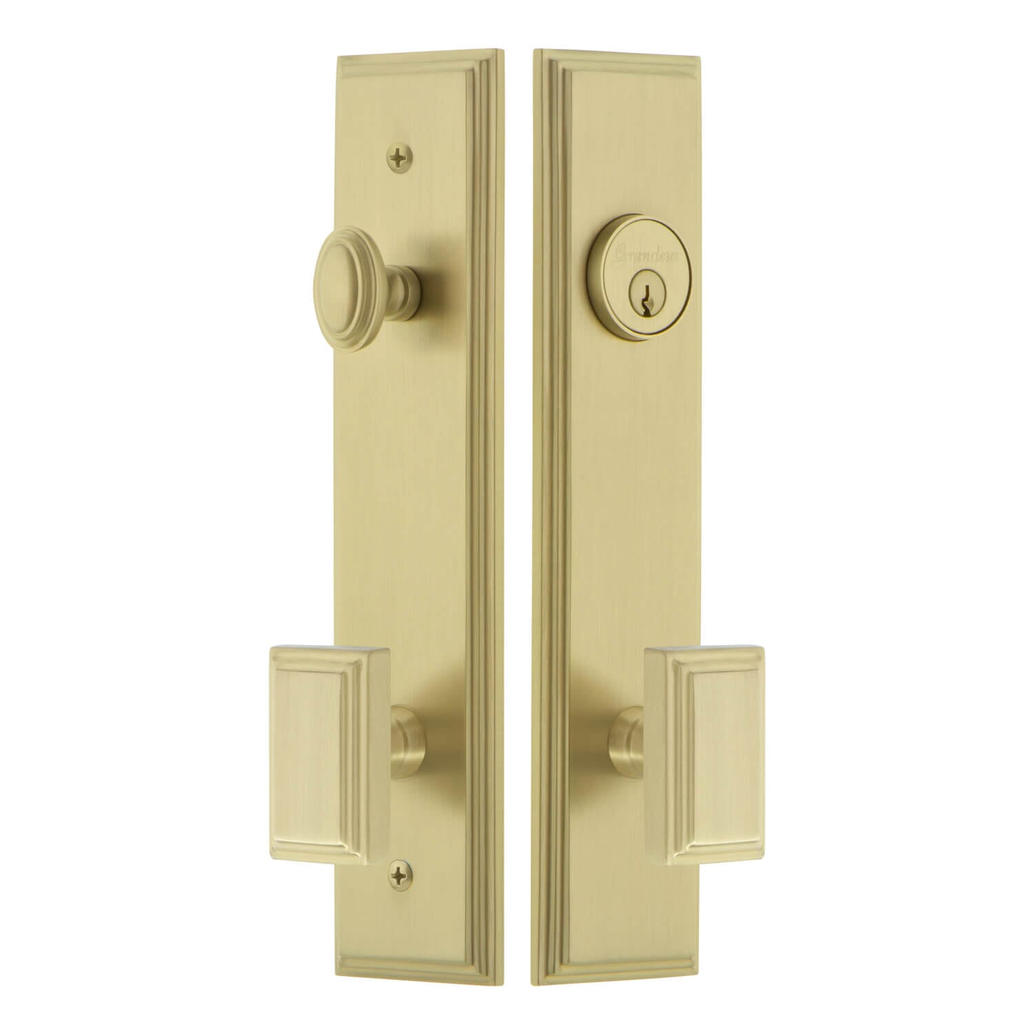 Carré Tall Plate Complete Entry Set with Carré Knob in Satin Brass -  Grandeur Hardware