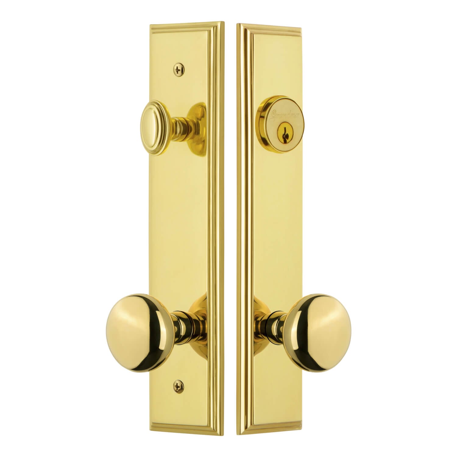 Carré Tall Plate Entry Set with Fifth Avenue Knob in Lifetime Brass