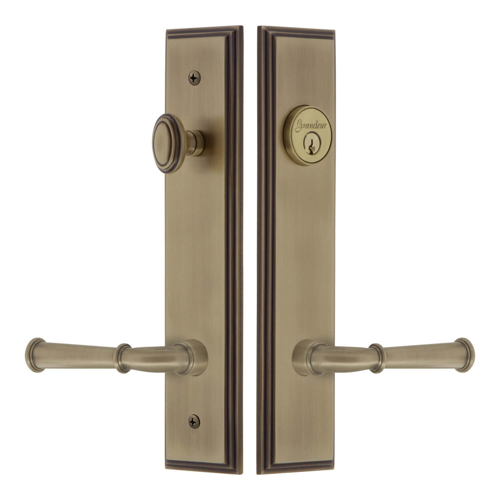 Carré Tall Plate Entry Set with Georgetown Lever in Vintage Brass