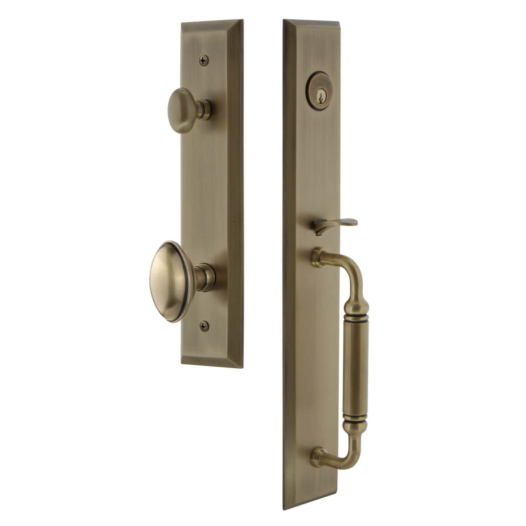 Fifth Avenue One-Piece Handleset with C Grip and Eden Prairie Knob in Vintage Brass