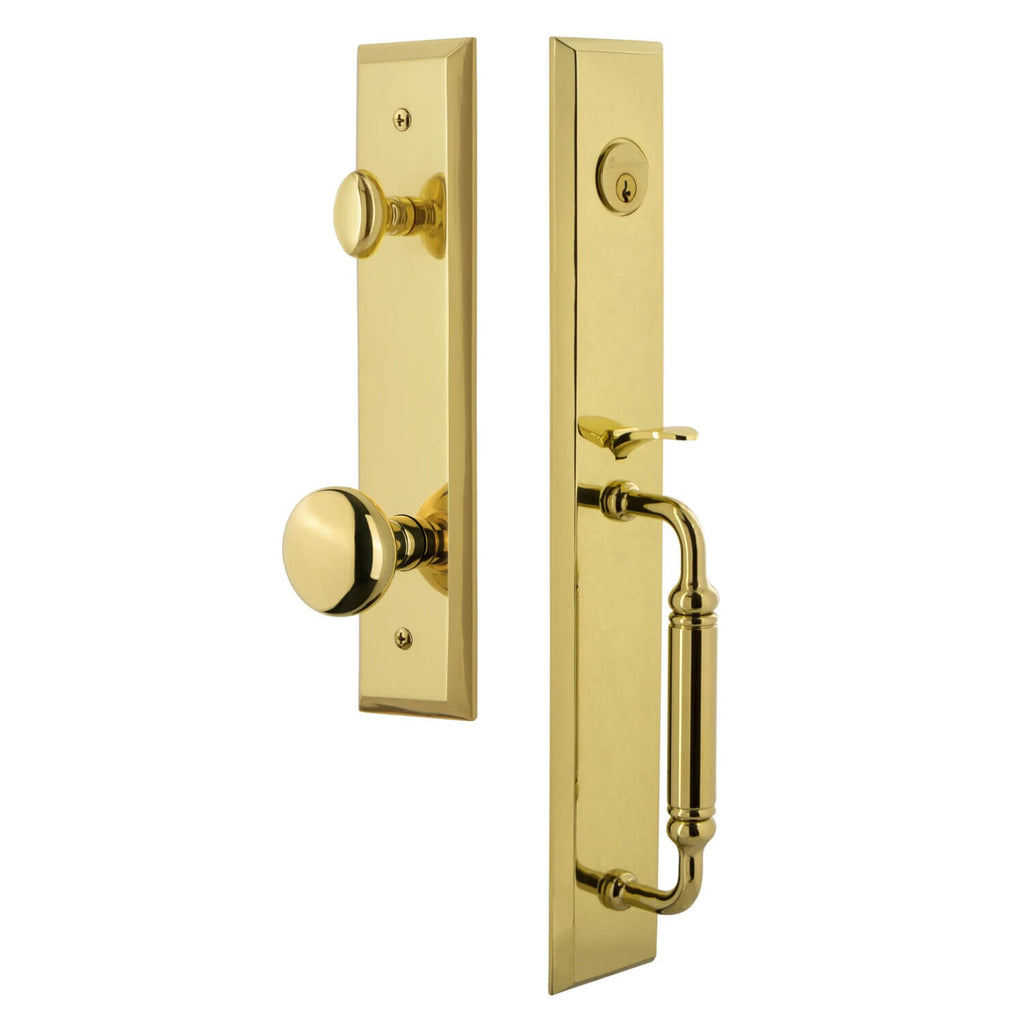 Fifth Avenue One-Piece Handleset with C Grip and Fifth Avenue Knob in Lifetime Brass