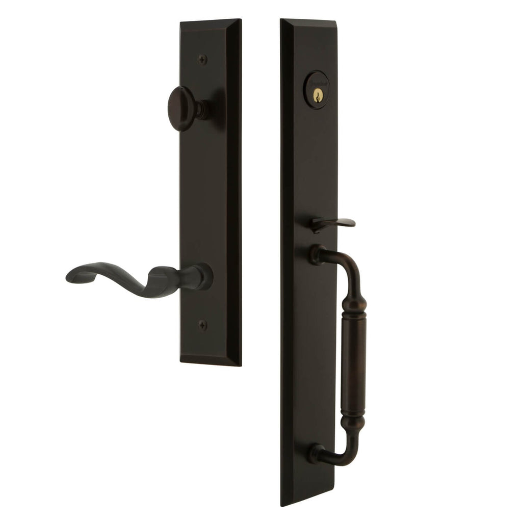 Fifth Avenue One-Piece Handleset with C Grip and Portofino Lever in Timeless Bronze