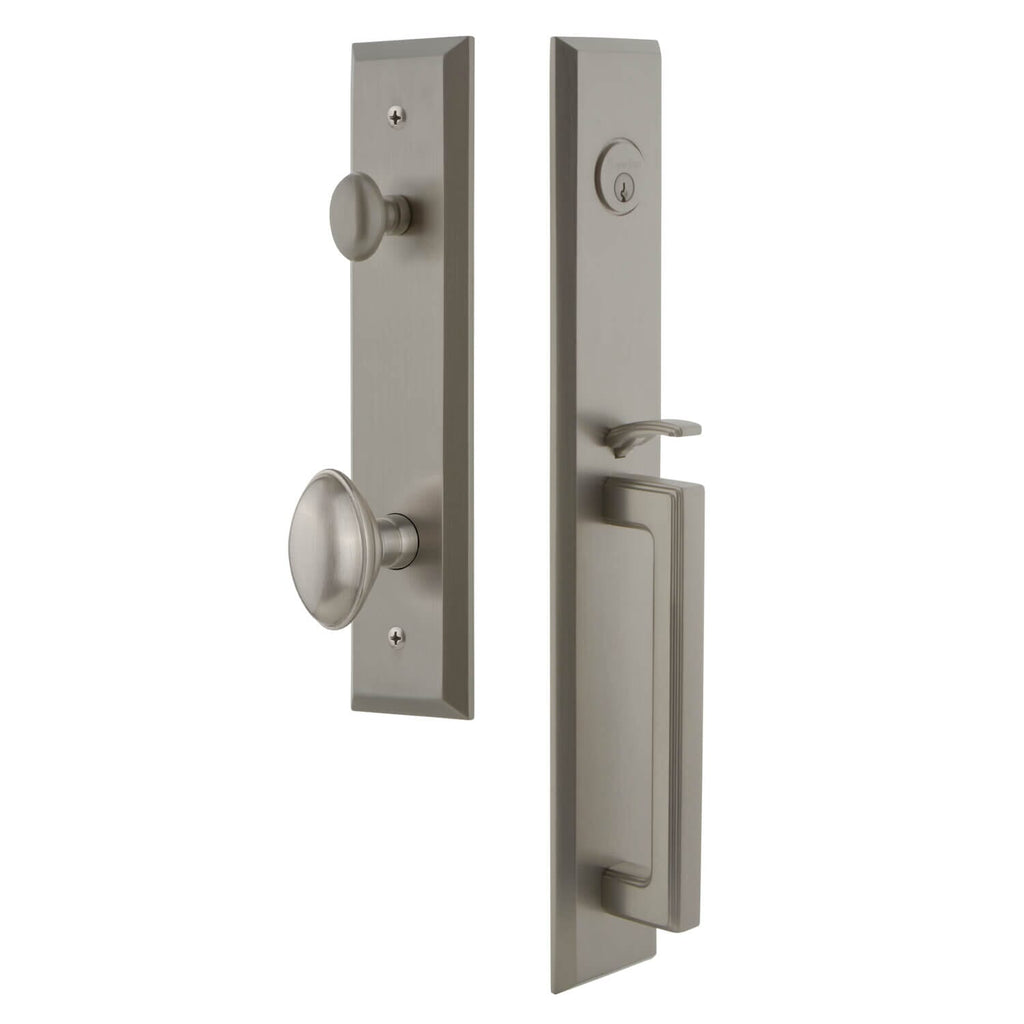 Fifth Avenue One-Piece Handleset with D Grip and Eden Prairie Knob in Satin Nickel