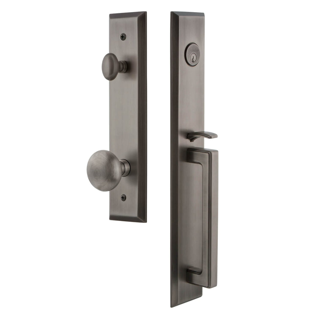 Fifth Avenue One-Piece Handleset with D Grip and Fifth Avenue Knob in Antique Pewter