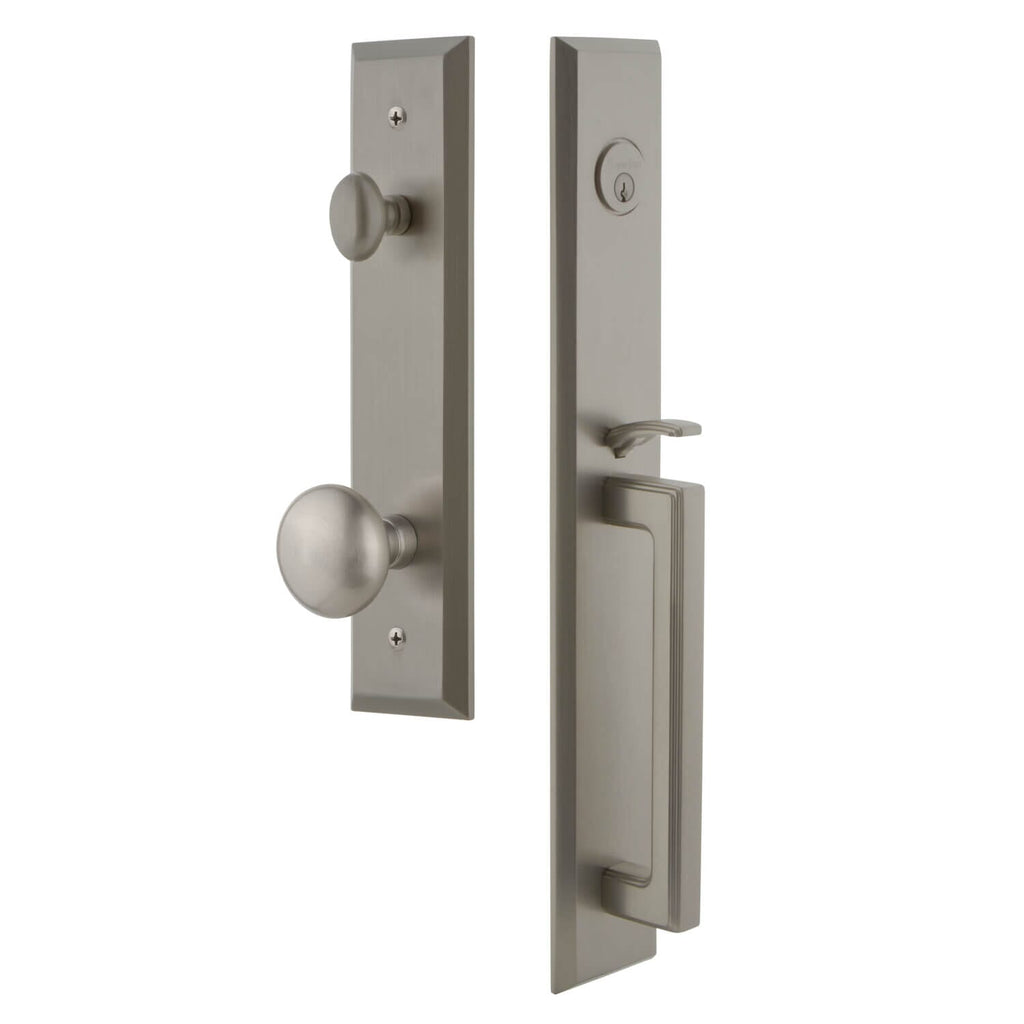 Fifth Avenue One-Piece Handleset with D Grip and Fifth Avenue Knob in Satin Nickel