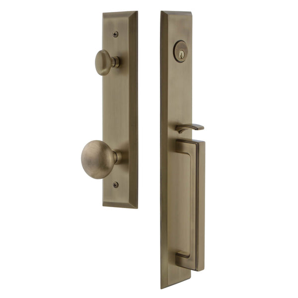 Fifth Avenue One-Piece Handleset with D Grip and Fifth Avenue Knob in Vintage Brass