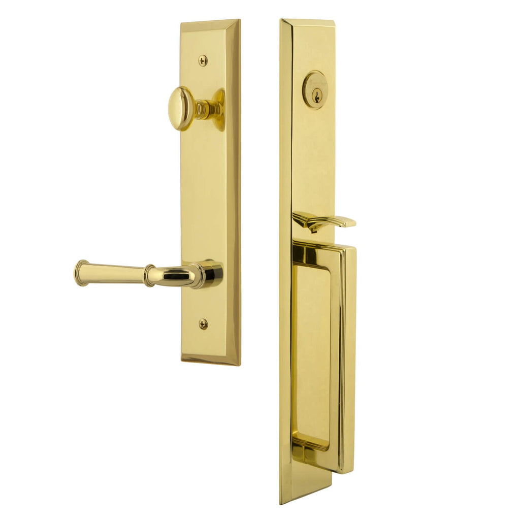 Fifth Avenue One-Piece Handleset with D Grip and Georgetown Lever in Lifetime Brass