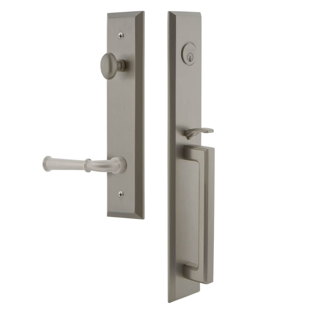 Fifth Avenue One-Piece Handleset with D Grip and Georgetown Lever in Satin Nickel