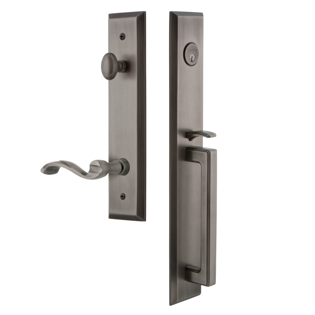 Fifth Avenue One-Piece Handleset with D Grip and Portofino Lever in Antique Pewter