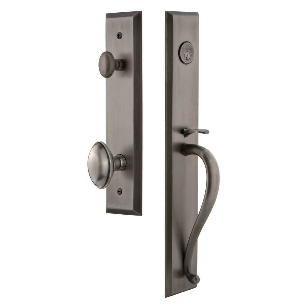 Fifth Avenue One-Piece Handleset with S Grip and Eden Prairie Knob in Antique Pewter