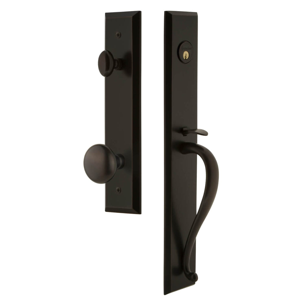 Fifth Avenue One-Piece Handleset with S Grip and Fifth Avenue Knob in Timeless Bronze