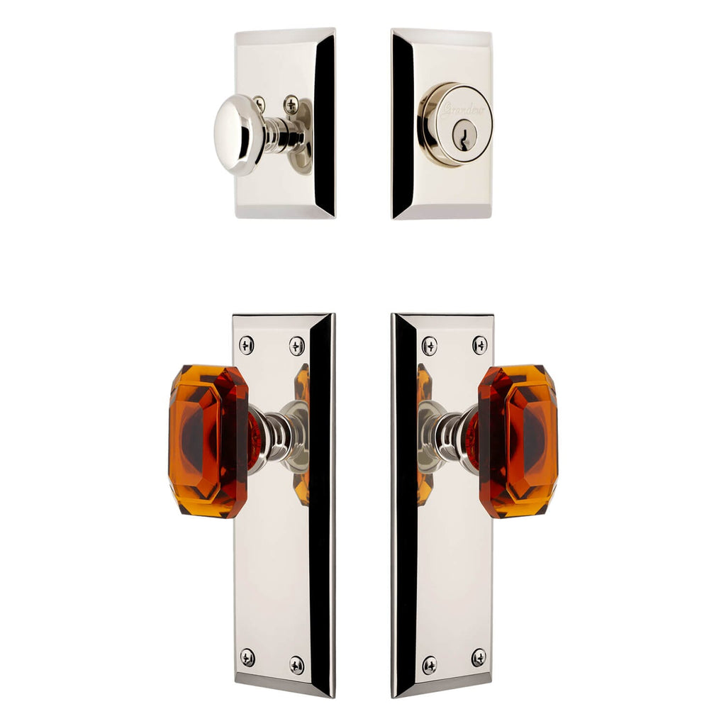 Fifth Avenue Long Plate Entry Set with Baguette Amber Crystal Knob in Polished Nickel