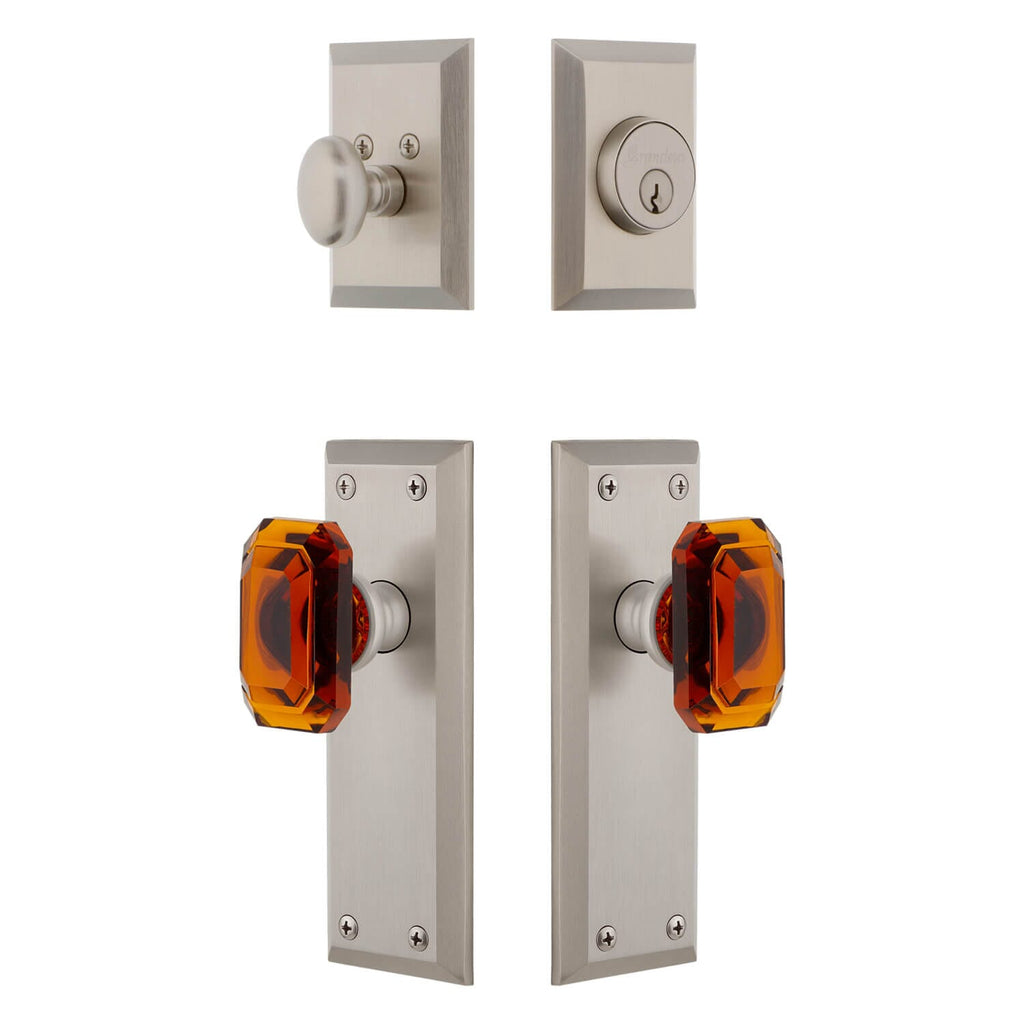 Fifth Avenue Long Plate Entry Set with Baguette Amber Crystal Knob in Satin Nickel