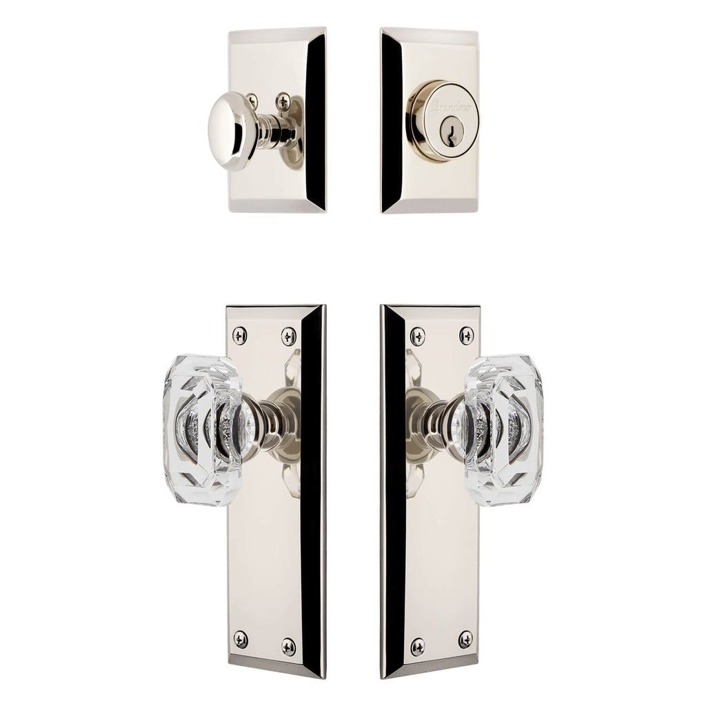 Fifth Avenue Long Plate Entry Set with Baguette Clear Crystal Knob in Polished Nickel