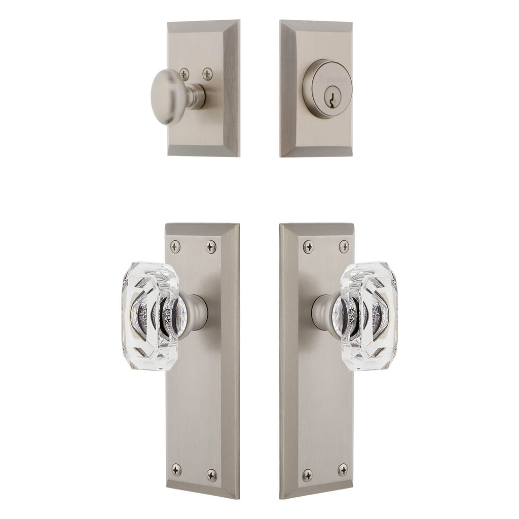 Fifth Avenue Long Plate Entry Set with Baguette Clear Crystal Knob in Satin Nickel